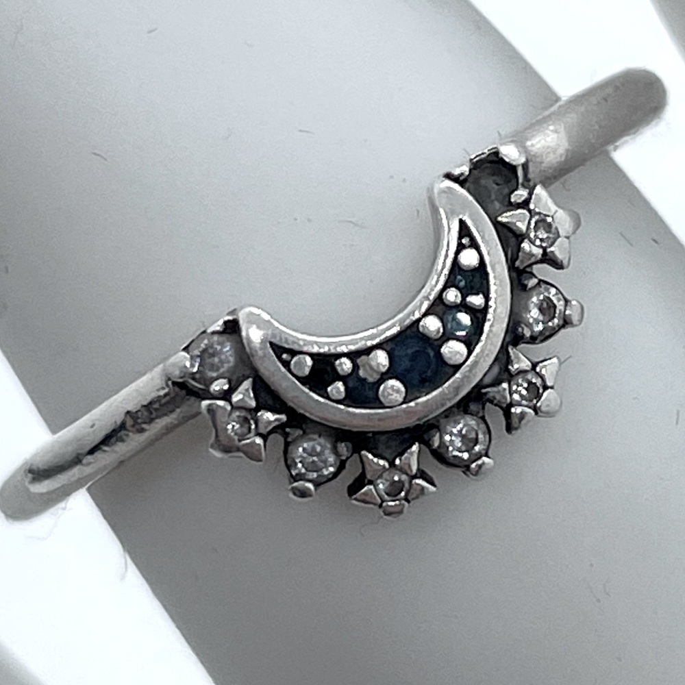 Pandora 925 Silver Celestial Blue Sparkling Moon Ring Sz 8 Missing 1 Stone